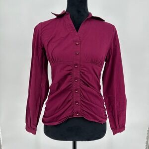 I.N Studio Y2K Button Up Ruched Long Sleeve Collared Collared Dressy Top Vneck S